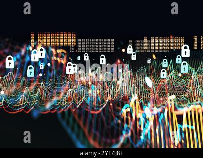 Data volume analysis and computer science industry.3d illustration.Data structure and information tools for networking business and cyber security. Stock Photo