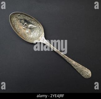 An antique serving spoon made in the highly decorative ‘Anglo-Japanese’ style which was popular in the late 19th century. It was manufactured in Great Britain and is marked with a British design registration mark dating the design to 31 May 1880. The spoon is decorated in relief with numerous Japanese-style motifs including bamboo, cranes, flowers, birds, butterflies, a fan and a lantern. Stock Photo