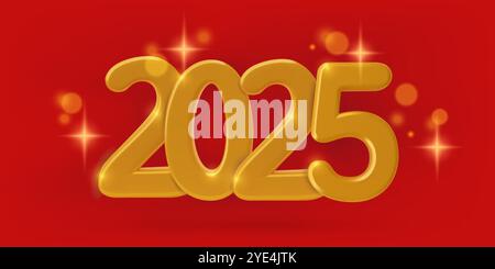 2025 New Year 3d realistic gold vector numbers on festive red background with light sparkles. Stock Vector