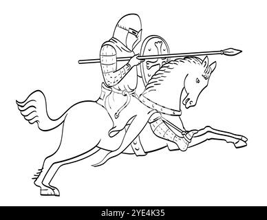 Line art drawing illustration of a knight or nobleman on horseback on horseback riding horse steed with lance side view done in medieval style on isol Stock Vector