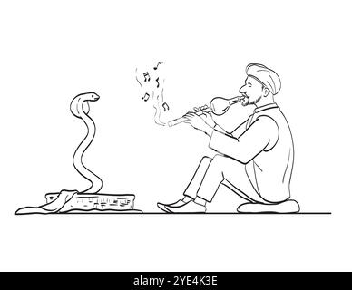 Drawing sketch style illustration of a Snake Charmer with flute and dancing cobra on isolated background done in black and white line art. Stock Vector