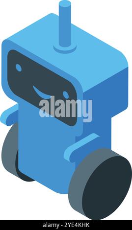 Blue delivery robot moving on wheels with a smiling expression in isometric projection Stock Vector