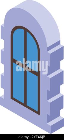 Arched window with blue glass panes and a surrounding wall section, presented in a detailed isometric view, ideal for architectural visualizations Stock Vector