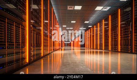 Modern server room with orange lights reflecting on the floor 3d Stock Photo