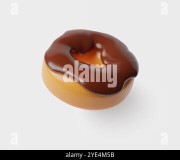 3d donut with chocolate glaze. Flying glossy plastic bakery icon. Realistic delicious three dimentional vector illustration on white background. Stock Vector
