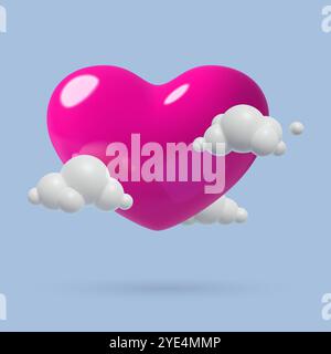Big pink heart flying in the clouds on the blue sky. Romantic 3D vector illustration for February 14 and Valentine's Day. Three dimensional plastic ba Stock Vector