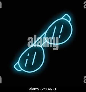 Blue neon sign depicting a pair of sunglasses on a black background Stock Vector