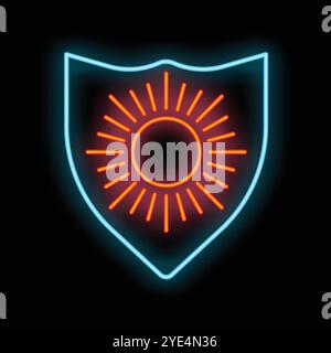 Blue neon shield protecting from red neon sun with ultraviolet rays on black background Stock Vector