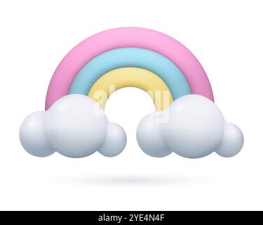 3d Rainbow Icon with white clouds realistic three dimensional cartoon plastic design element Stock Vector