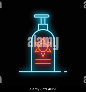 Glowing neon line sunscreen spray bottle icon isolated on black background. Uv protection cream and moisturizer. Cosmetic skincare sign. Vector illustration Stock Vector