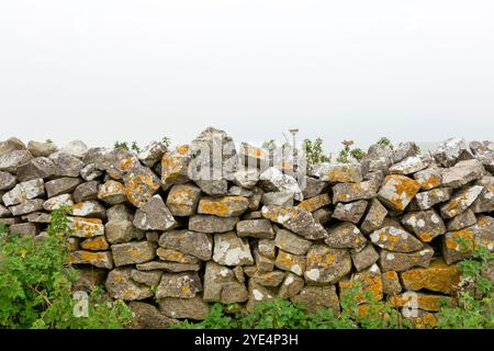 This enchanting dry stone wall showcases the artistry of traditional stone masonry, constructed without mortar yet standing strong through time. Stock Photo