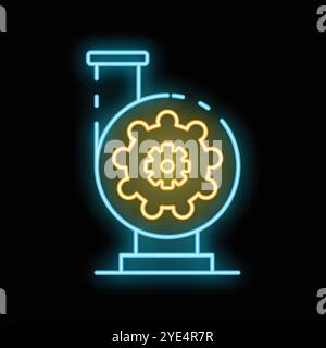 Glowing neon icon representing a mechanism with gears, symbolizing concepts like engineering, technology, and innovation Stock Vector