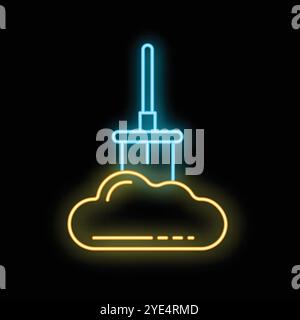 Neon glowing icon of a shovel digging a cloud representing data mining and server hosting Stock Vector