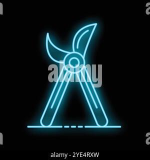 Glowing neon line gardening scissors icon on a black background. Pruning shears symbol illustration Stock Vector