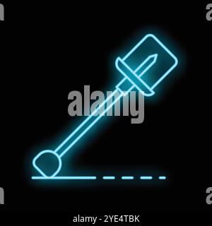 Blue neon shovel digging a hole with a dashed line on black background, perfect for construction, building or tool concepts Stock Vector