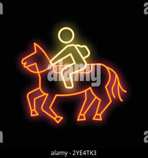 Neon sign depicting a person with a backpack riding a horse, glowing brightly against a dark background Stock Vector