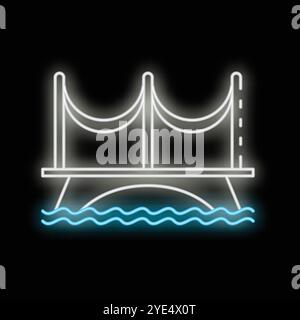 Glowing white neon bridge is spanning over blue water with waves in the dark night Stock Vector