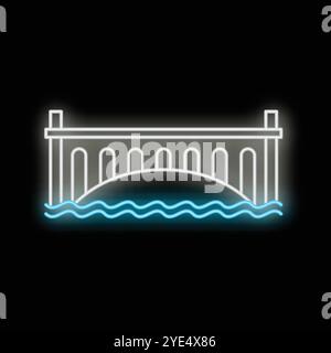 White neon bridge is spanning over glowing blue water with a black background Stock Vector