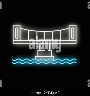 Neon sign depicting a suspension bridge spanning over water with support beams in the water Stock Vector