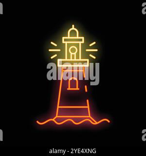 Neon style vector illustration of a lighthouse shining its light on a dark night Stock Vector
