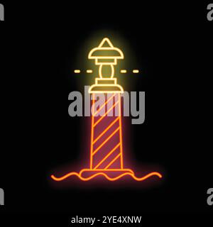 Neon icon of a lighthouse illuminating the sea with its beacon at night Stock Vector