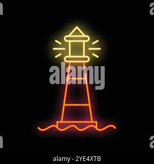 Neon illustration of a lighthouse shining a light beam over water at night Stock Vector
