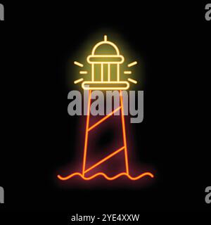 Colorful neon sign depicting a lighthouse shining its beam across the water Stock Vector