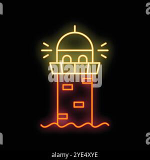 Neon sign of a lighthouse shining its light on the sea at night Stock Vector