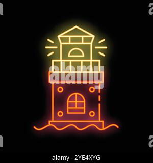 Neon sign depicting a lighthouse shining its beam over a wavy body of water at night Stock Vector