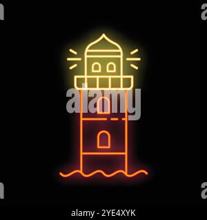 Neon sign showing a lighthouse projecting light beams at night Stock Vector