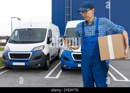 Delivery man in uniform with digital tablet.. Stock Photo
