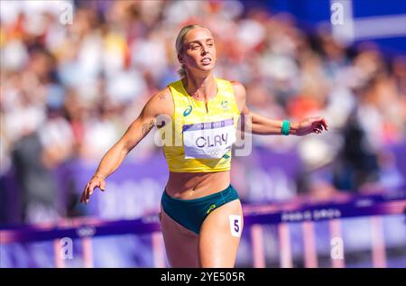 Liz Clay participating in the 100 meters hurdles at the Paris 2024 Olympic Games. Stock Photo