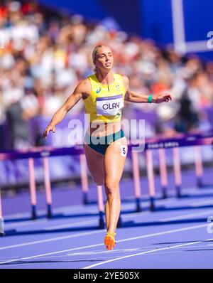 Liz Clay participating in the 100 meters hurdles at the Paris 2024 Olympic Games. Stock Photo