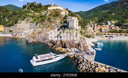 Italy, Cinque terre national park. Monterosso al mare village , beautiful summer destinaltion with stunning beaches and scenic views. Aerial view of t Stock Photo