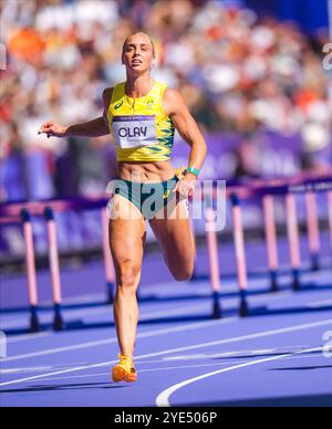 Liz Clay participating in the 100 meters hurdles at the Paris 2024 Olympic Games. Stock Photo