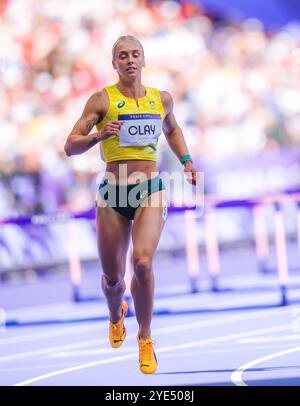 Liz Clay participating in the 100 meters hurdles at the Paris 2024 Olympic Games. Stock Photo