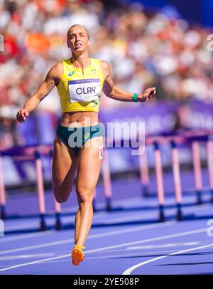 Liz Clay participating in the 100 meters hurdles at the Paris 2024 Olympic Games. Stock Photo