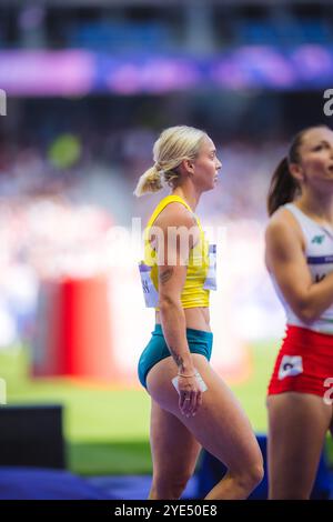 Liz Clay participating in the 100 meters hurdles at the Paris 2024 Olympic Games. Stock Photo