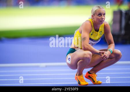 Liz Clay participating in the 100 meters hurdles at the Paris 2024 Olympic Games. Stock Photo