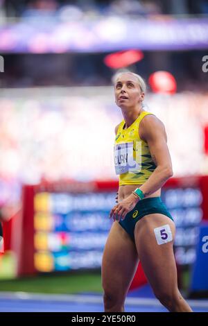 Liz Clay participating in the 100 meters hurdles at the Paris 2024 Olympic Games. Stock Photo