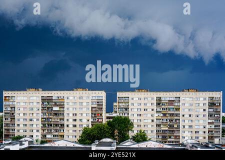 Ominous dramatic dark storm clouds over the Liepaja city in Latvia, thunderstorm front over the city, thunderstorm weather Stock Photo