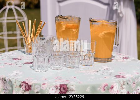 Refreshing Summer Beverage Display at a Garden Party. Stock Photo