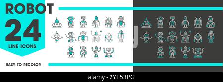 Mechanical robot and droids line icons, cyborg and robotic android bots, cartoon vector. Retro robot characters with mechanical arms and face display, cyber machines or space alien droids on wheels Stock Vector