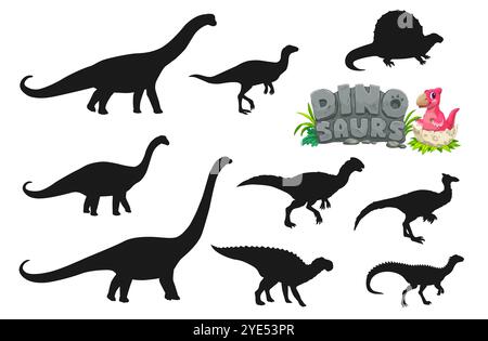 Prehistoric dinosaur silhouettes vector set. Black dino species shadow shapes and baby dinosaur hatching from an egg nearby hr stone plate with dinosaurs typography. Jurassic reptile animals icons Stock Vector