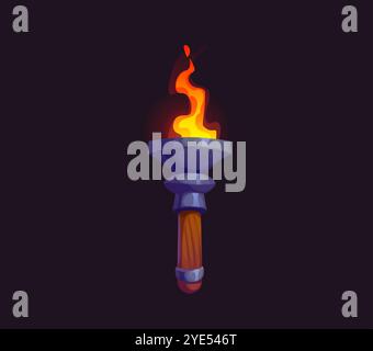 Game medieval fire torch. Cartoon vector burning brand. Portable flaming torchlight. Fairy tale or pirate game asset, gui element. Ancient lighting flambeau lantern on wooden pole handle with blaze Stock Vector