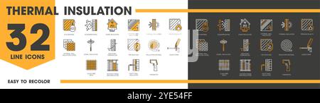 Wall thermal insulation line icons. Mineral wool and tools. Eco material, external wall insulation layers. Dew point temperature, fire resistant, liquid foam or gas fibre mesh, wooden frame and cavity Stock Vector