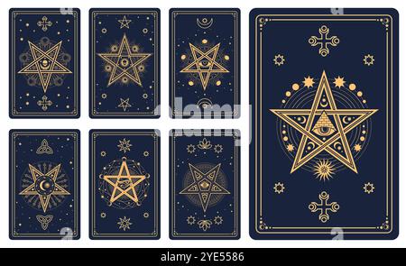 Magic occult tarot cards with vector line Moon, Sun and stars celestial pattern. Mystic esoteric tarot cards with eyes of Horus and providence, alchemy hexagrams and pentagrams on black background Stock Vector