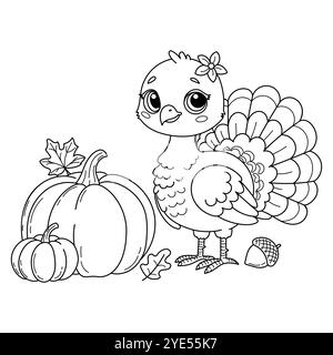 Line art illustration for Thanksgiving featuring cute turkey with pumpkins and autumn leaves. Perfect for coloring pages Stock Vector