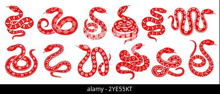 2025 Chinese lunar New Year snake reptiles for Asian holiday decoration, vector icons. Red snakes or serpent vipers in twirl circle with floral ornament for 2025 year calendar and Chinese New Year Stock Vector