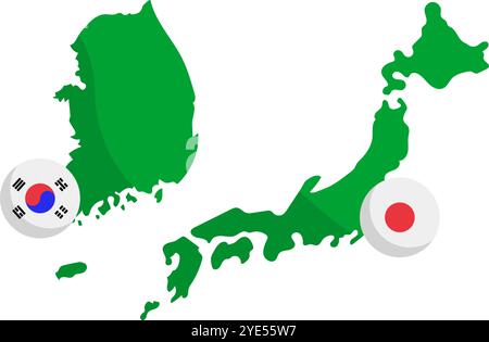 Korean flag and map of Korea and Japanese flag and map of Japan icon set. Editable vector. Stock Vector